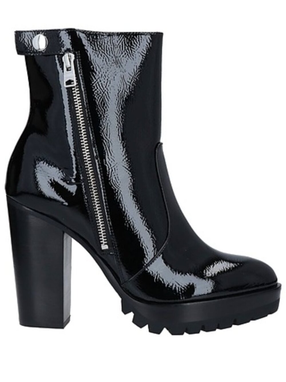 AllSaints black patent leather heeled ankle boots with lug sole — new in box